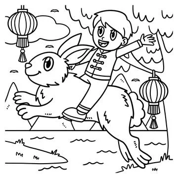 Boy Riding Rabbit Year Of The Rabbit Coloring Illustrazione stock