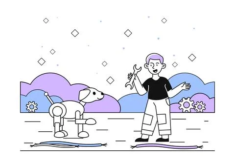 Boy with robot dog vector simple 스톡 일러스트