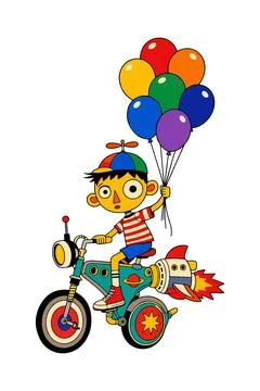 Boy on Rocket Bike with Balloons Stock Illustration