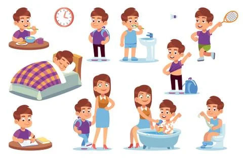 Boy routine. Kid daily activities, little child sleeps bed, wake up and takes Stock Illustration