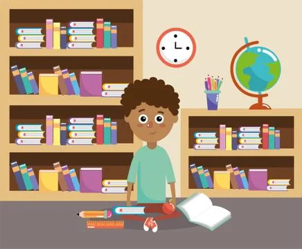 Boy with ruler and apple fruit in the classroom Stock Illustration