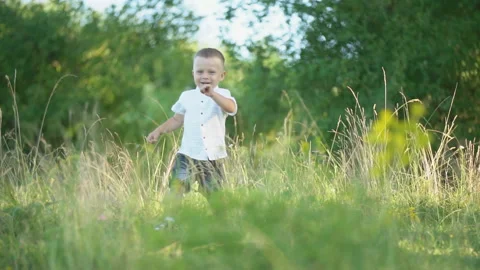 Boy running across the lawn Stock Footage 115413342
