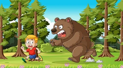 Boy Running From Angry Bear in Forest Cartoon Illustrazione stock