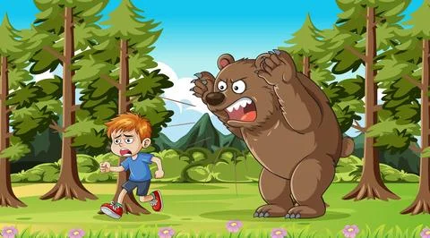 Boy Running From Angry Bear in Forest Illustration Illustrazione stock
