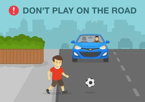 Boy running onto city road. Kid playing football on the street. Stock Illustration