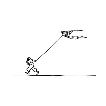 Boy running with a kite vector illustration sketch hand drawn with black line Stock Illustration