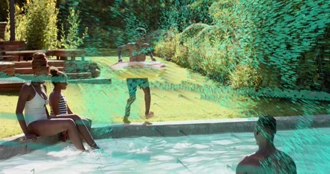 Boy running, launching into pool with inflatable ring for leisure, animated Stock Footage 330546170
