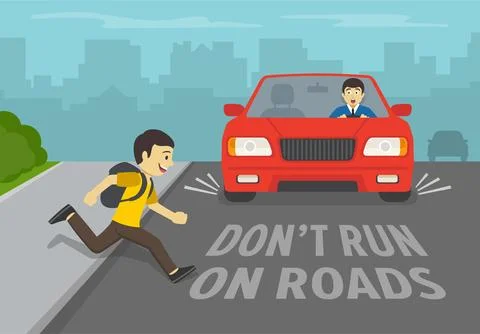 Boy running onto road. Driver stops his car immediately. Don't run on road. Stock Illustration