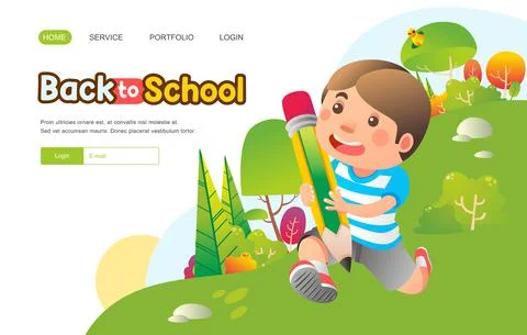 Boy running while bringing huge pencil with happy face at outdoor for back. t Stock Illustration