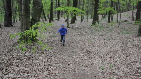 Boy running in the woods on the camera Stock Footage 107058954
