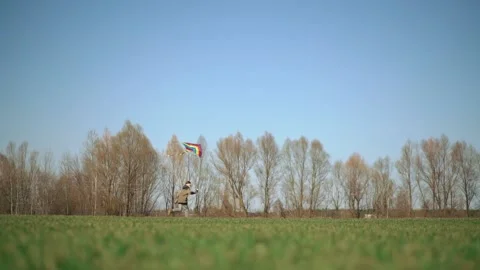 A boy runs across a green field with a kite. side view, slow motion. 動画素材 196625728