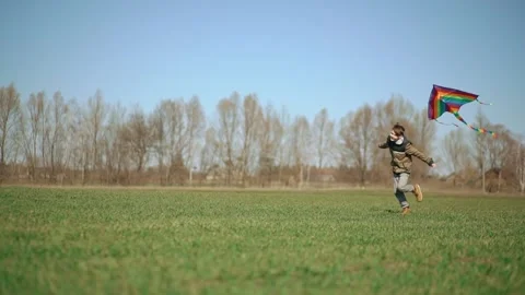 A boy runs across a green field with a kite. side view, slow motion. 動画素材 196625899