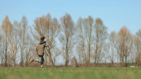 A boy runs across a green field with a kite. side view, slow motion. Stock Footage 198523712