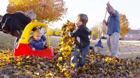 Boy runs to camera and throws leaves at camera while family rakes leaves Stock-Footage 93885741