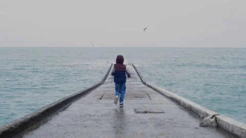 Boy runs on a concrete structure in the sea and disperses gulls in the distance Stock Footage 128242884