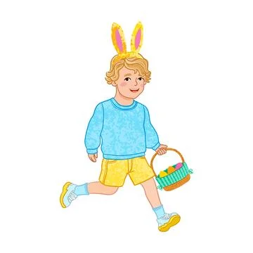 Boy Runs with an Easter Egg Basket Colorful Illustration Stock Illustration