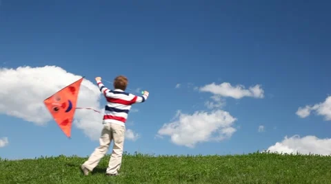 Boy runs with kite in meadow Stock Footage 2874818