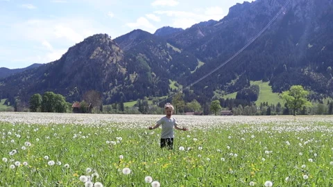 A boy runs through a field with dandelions against the background of mountains	 Stock Footage 311926833