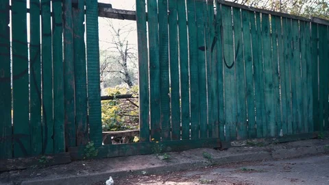 The boy runs through the gap in the old wooden fence Stock Footage 89142482