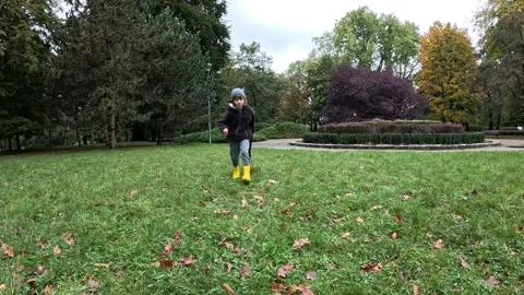 Boy Runs Through the Grass with a Stick, Trying to Catch a Fly Video stock 254079838