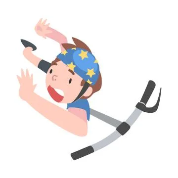 Boy in Safety Helmet Falling Down from Kick Scooter, View from Above, Traumatic Stock Illustration