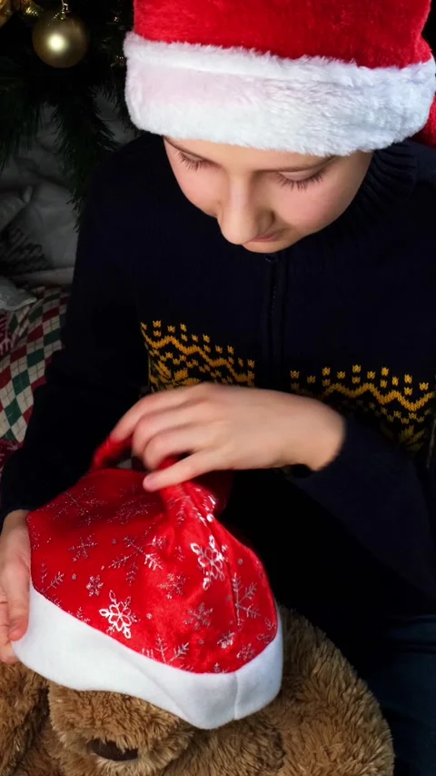 A boy in a Santa Claus hat puts a New Year's hat on a bear toy 스톡 동영상 208842333
