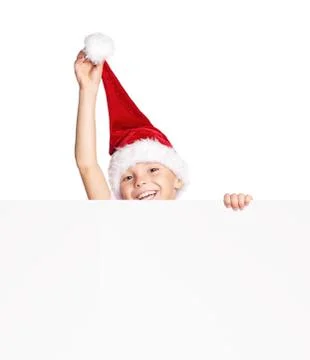 Boy in Santa hat with blank Foto stock