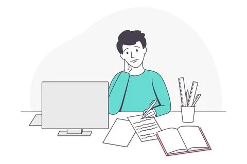 Boy School Pupil Doing Homework Sitting at Desk Writing Essay on Sheet of Paper イラスト素材
