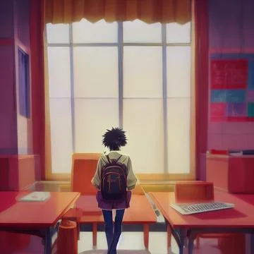 A boy in school. Rear view. Anime Ilustración de archivo