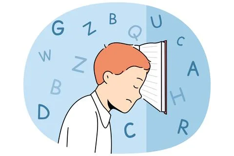 Boy with school textbook, tired due to grueling lessons, stands with head Stock Illustration