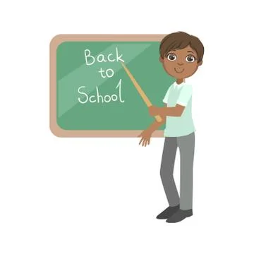 Boy In School Uniform With Pointer Standing Next To Blackboard Stock Illustration