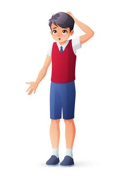 Boy in school uniform scratching his head. Isolated vector illustration. Stock Illustration