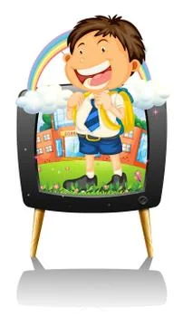 Boy in school uniform on TV Stock Illustration