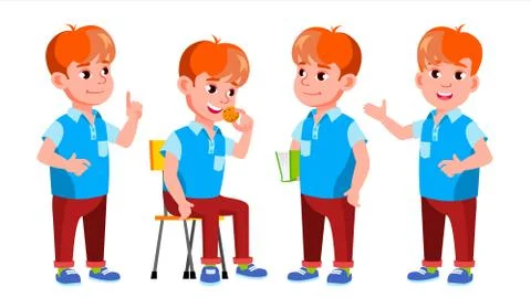 Boy Schoolboy Kid Poses Set Vector. Primary School Child. Funny Children. Junior Stock Illustration