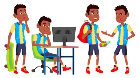 Boy Schoolboy Kid Poses Set Vector. High School Child. Schoolchild. Black. Afro Stock Illustration