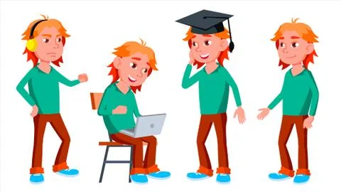 Boy Schoolboy Kid Poses Set Vector. High School Child. Schoolchild. Funny Stock Illustration