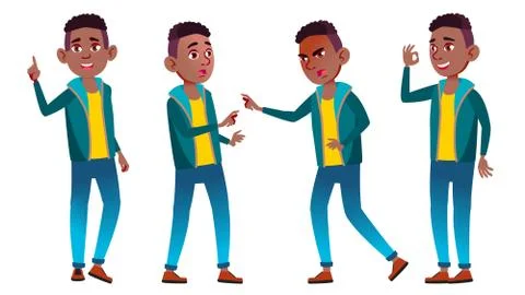Boy Schoolboy Kid Poses Set Vector. Black. Afro American. High School Child Stock Illustration