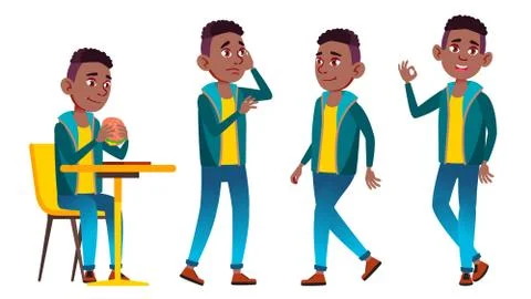 Boy Schoolboy Kid Poses Set Vector. Black. Afro American. High School Child Stock Illustration
