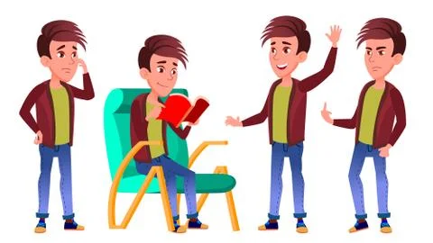 Boy Schoolboy Kid Poses Set Vector. High School Child. Schoolchild. September Stock Illustration