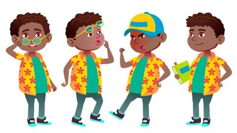 Boy Schoolboy Kid Poses Set Vector. Black. Afro American. Primary School Child Stock Illustration