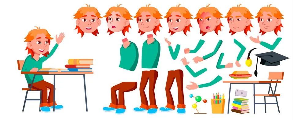 Boy Schoolboy Kid Vector. High School Child. Animation Creation Set. Face Stock Illustration