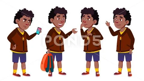 Boy Schoolboy Set Vector. Black. Afro American. Cute Child. Happiness Enjoyment Stock Illustration