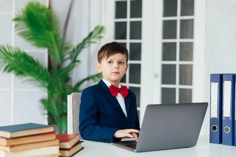 Boy schoolboy studying at the computer online education lessons Стоковые фото