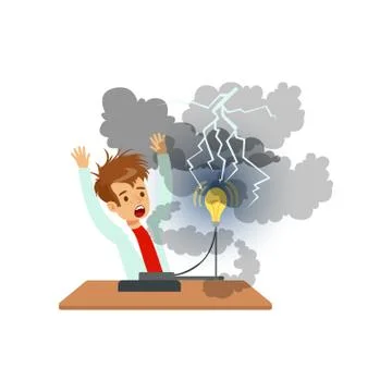 Boy scientist after a failed physical experiment, schoolboy at physics lesson Stock Illustration