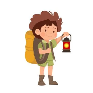 Boy scout with backpack and lantern in flat design. Teenager in uniform at ca Stock Illustration