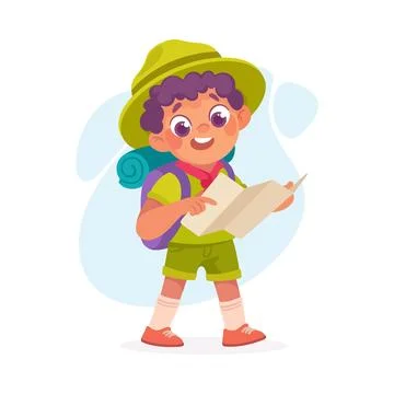 Boy Scout Character in Hat and Backpack Walk with Map Vector Illustration Stock Illustration