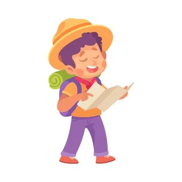 Boy Scout Character in Hat and Backpack Walking with Map Vector Illustration Stock Illustration