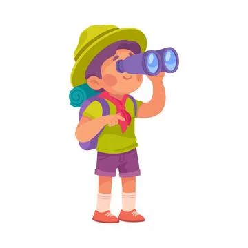 Boy Scout Character in Hat with Backpack Look Binoculars Vector Illustration Stock Illustration
