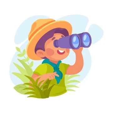 Boy Scout Character in Hat Look in Binoculars Vector Illustration Stock Illustration