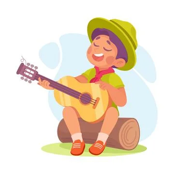 Boy Scout Character in Hat Sitting on Log Play Guitar Vector Illustration Stock Illustration